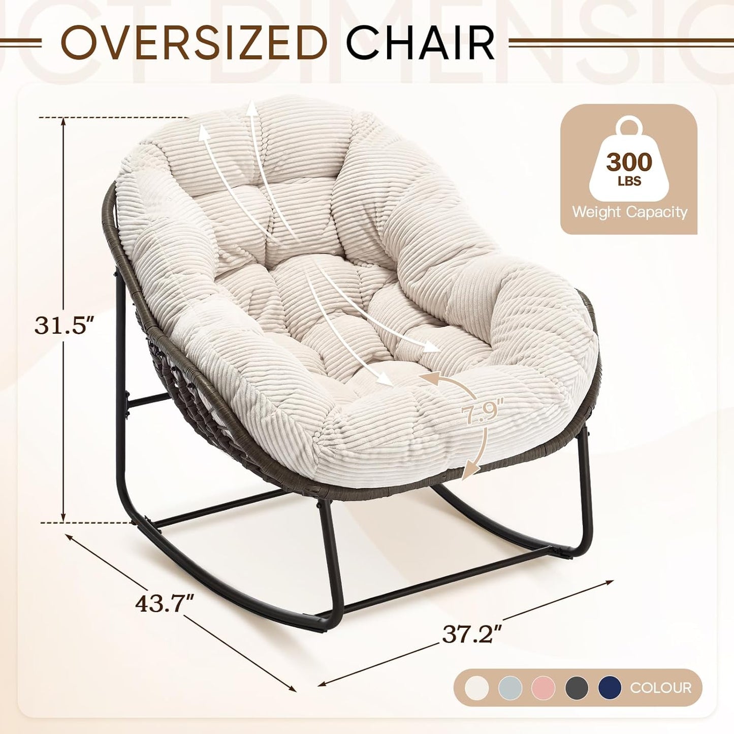Oversized Rocking Papasan Chair – Extra Thick Cushion, Sturdy Wicker Frame, Indoor/Outdoor Lounge Chair for Porch, Patio & Balcony