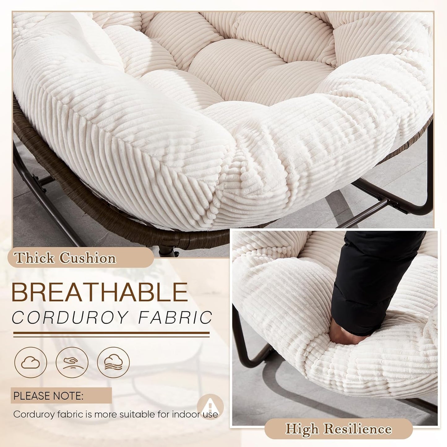 Oversized Rocking Papasan Chair – Extra Thick Cushion, Sturdy Wicker Frame, Indoor/Outdoor Lounge Chair for Porch, Patio & Balcony