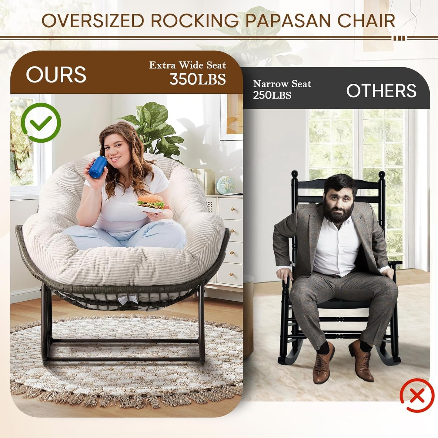 Oversized Rocking Papasan Chair – Extra Thick Cushion, Sturdy Wicker Frame, Indoor/Outdoor Lounge Chair for Porch, Patio & Balcony