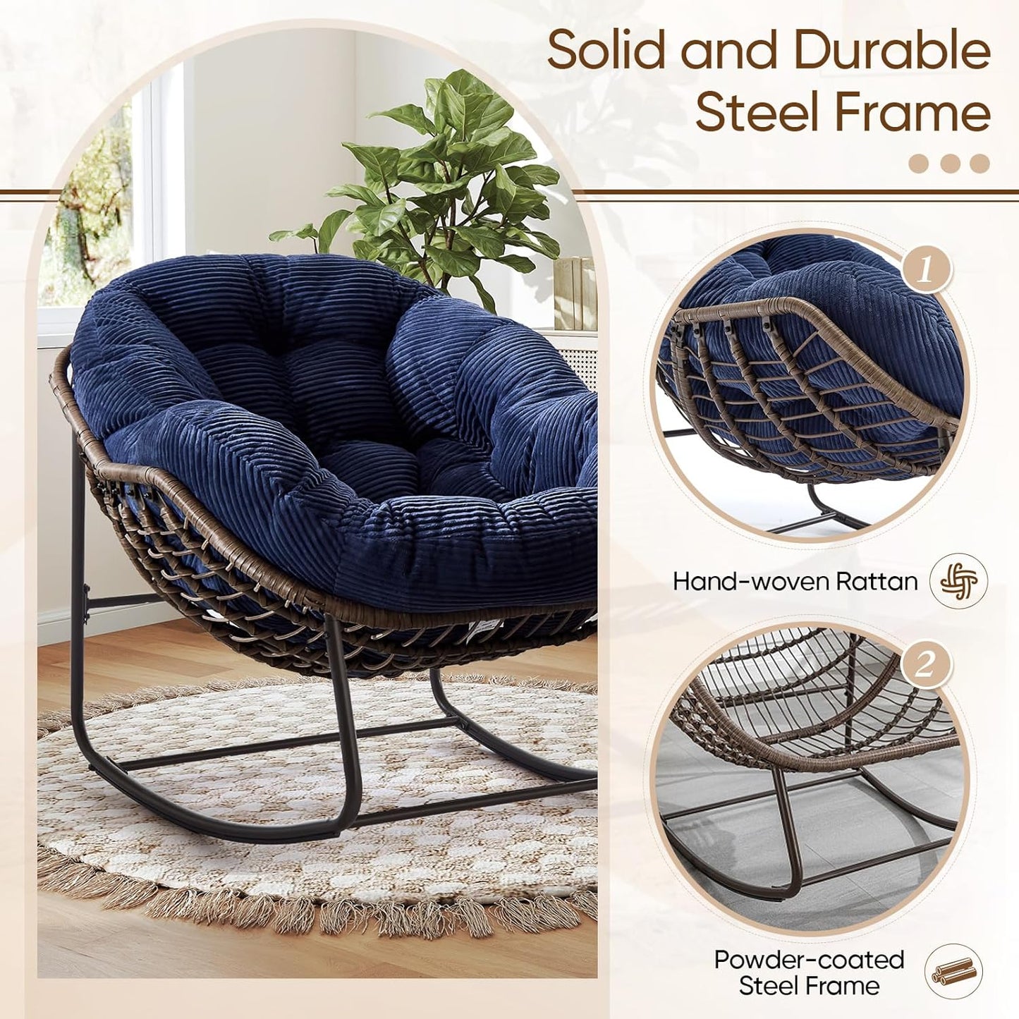 Oversized Rocking Papasan Chair – Extra Thick Cushion, Sturdy Wicker Frame, Indoor/Outdoor Lounge Chair for Porch, Patio & Balcony