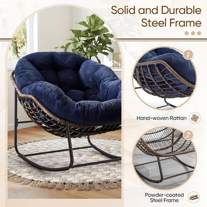 Oversized Rocking Papasan Chair – Extra Thick Cushion, Sturdy Wicker Frame, Indoor/Outdoor Lounge Chair for Porch, Patio & Balcony