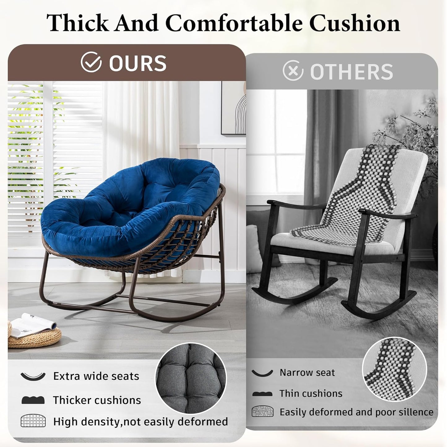 Oversized Rocking Papasan Chair – Extra Thick Cushion, Sturdy Wicker Frame, Indoor/Outdoor Lounge Chair for Porch, Patio & Balcony
