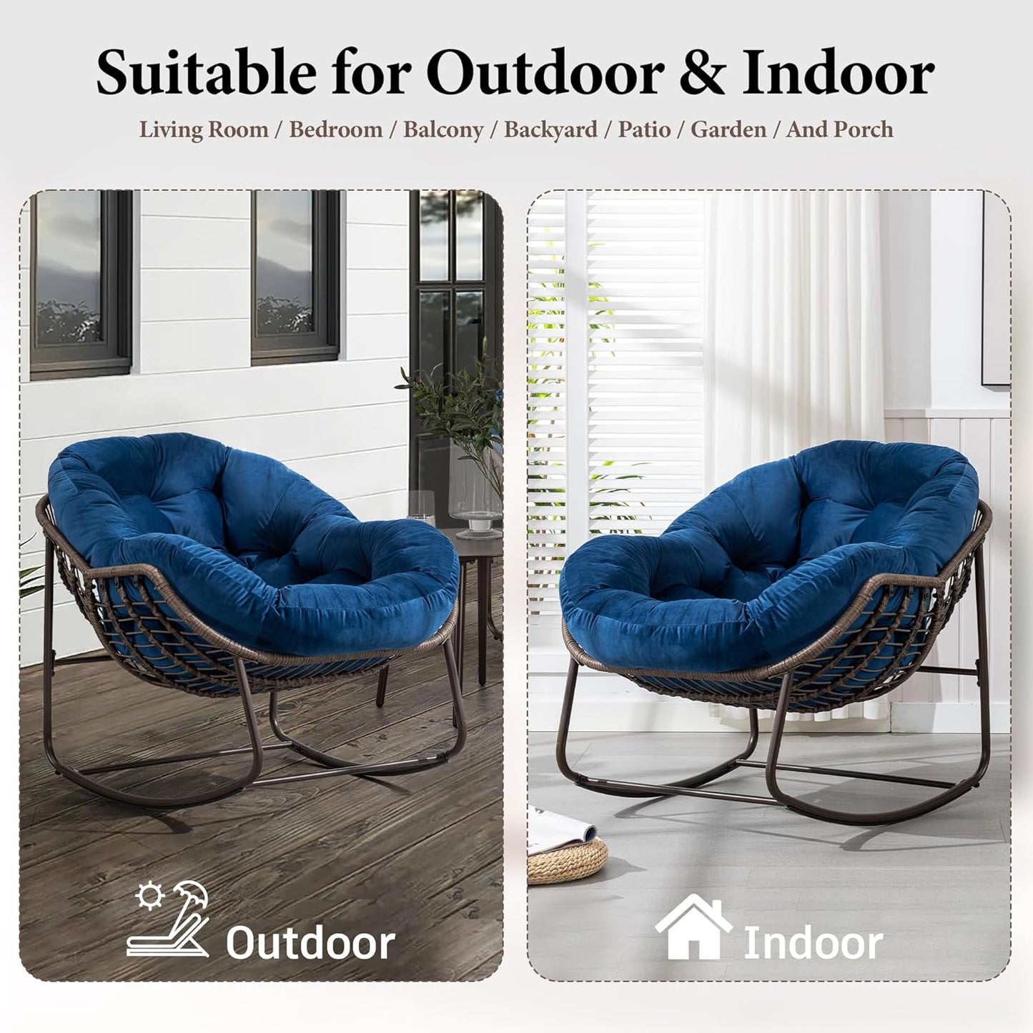 Oversized Rocking Papasan Chair – Extra Thick Cushion, Sturdy Wicker Frame, Indoor/Outdoor Lounge Chair for Porch, Patio & Balcony