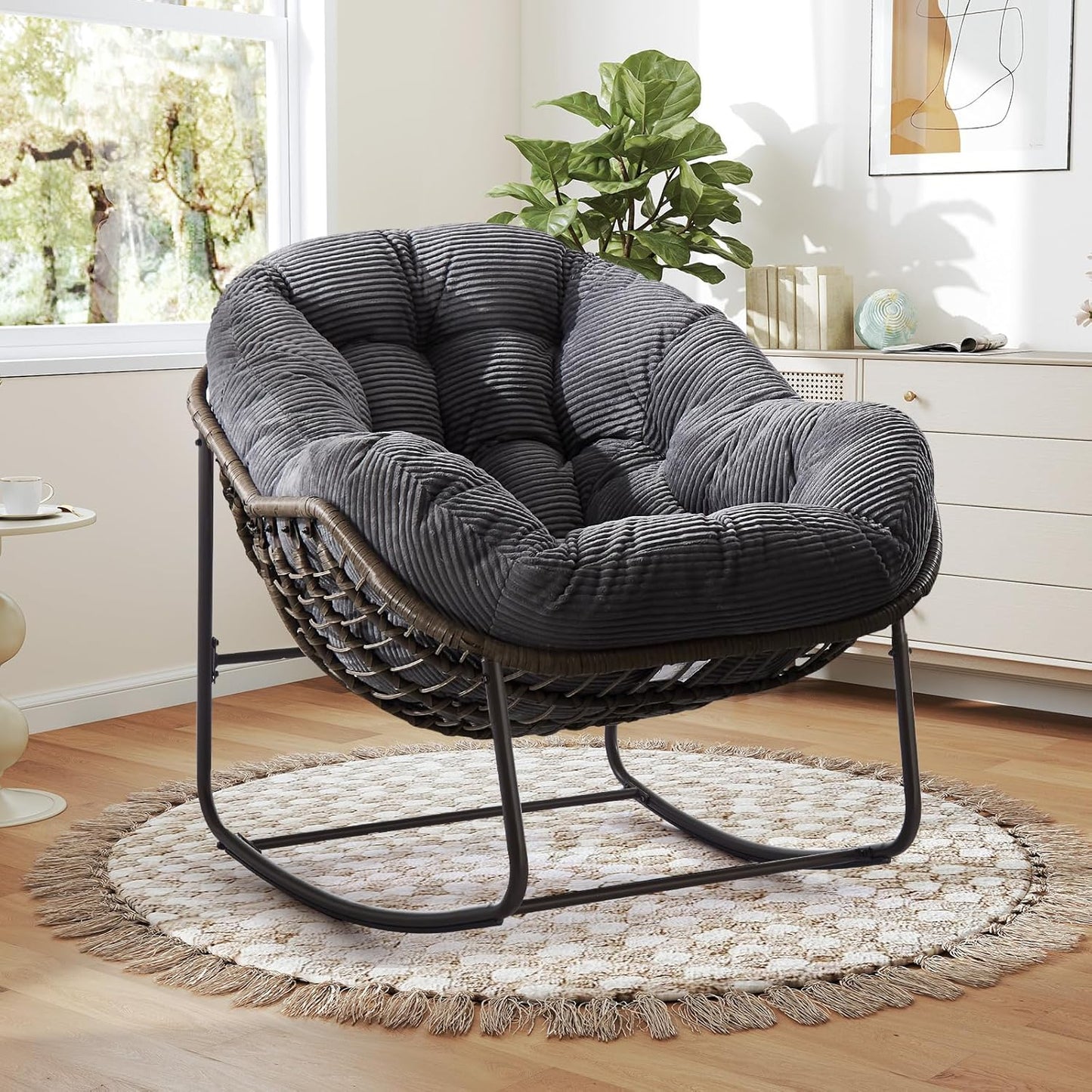 Oversized Rocking Papasan Chair – Extra Thick Cushion, Sturdy Wicker Frame, Indoor/Outdoor Lounge Chair for Porch, Patio & Balcony