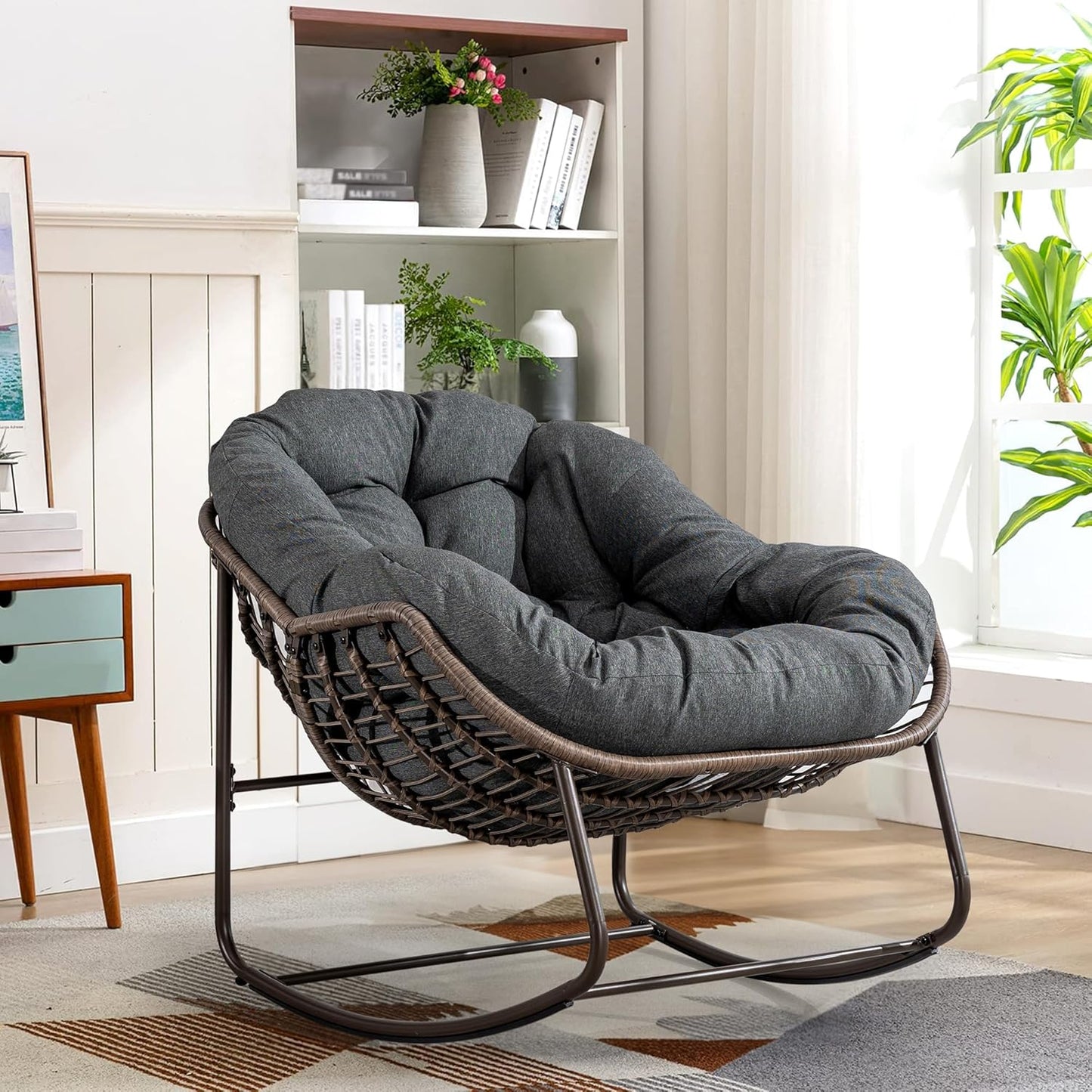 Oversized Rocking Papasan Chair – Extra Thick Cushion, Sturdy Wicker Frame, Indoor/Outdoor Lounge Chair for Porch, Patio & Balcony