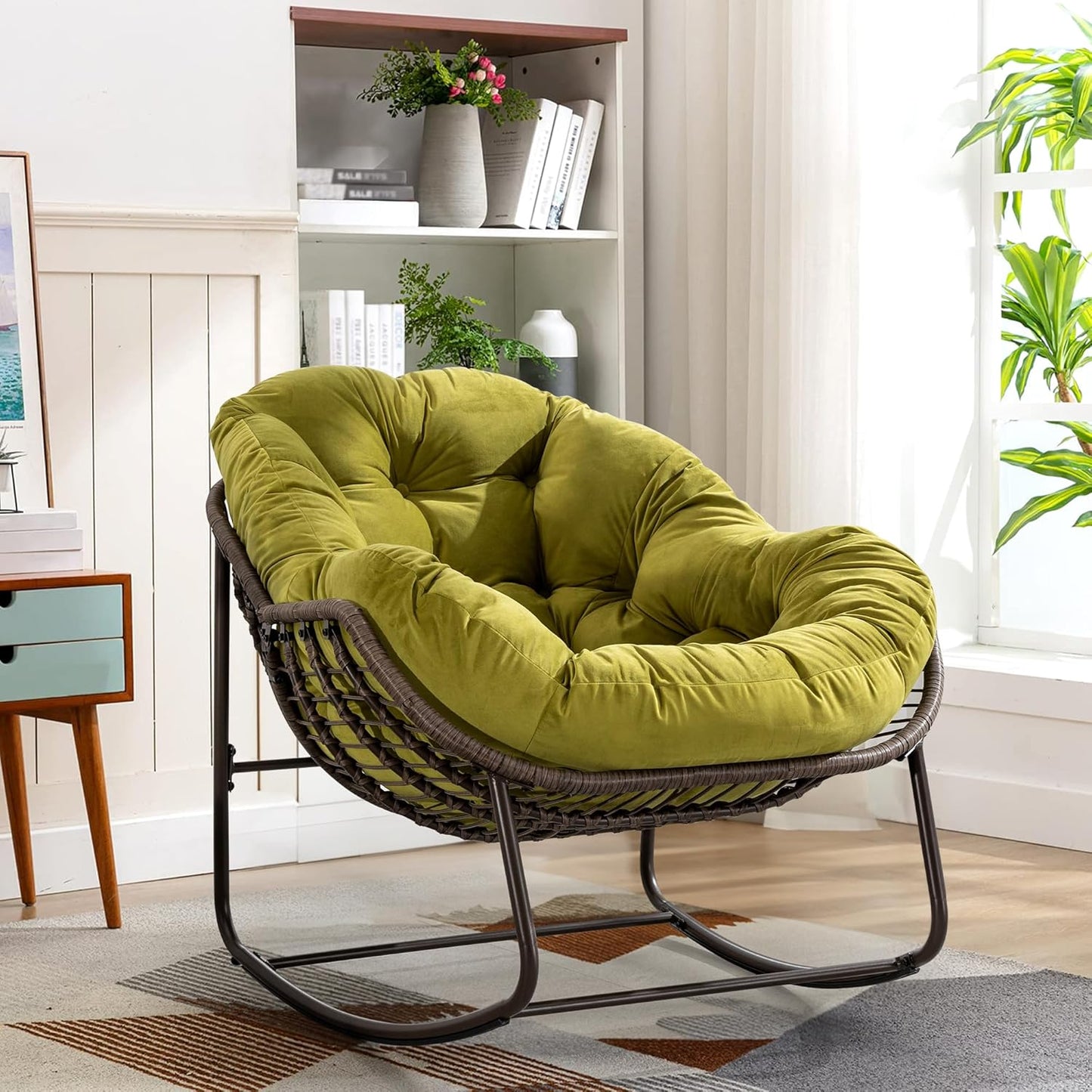 Oversized Rocking Papasan Chair – Extra Thick Cushion, Sturdy Wicker Frame, Indoor/Outdoor Lounge Chair for Porch, Patio & Balcony