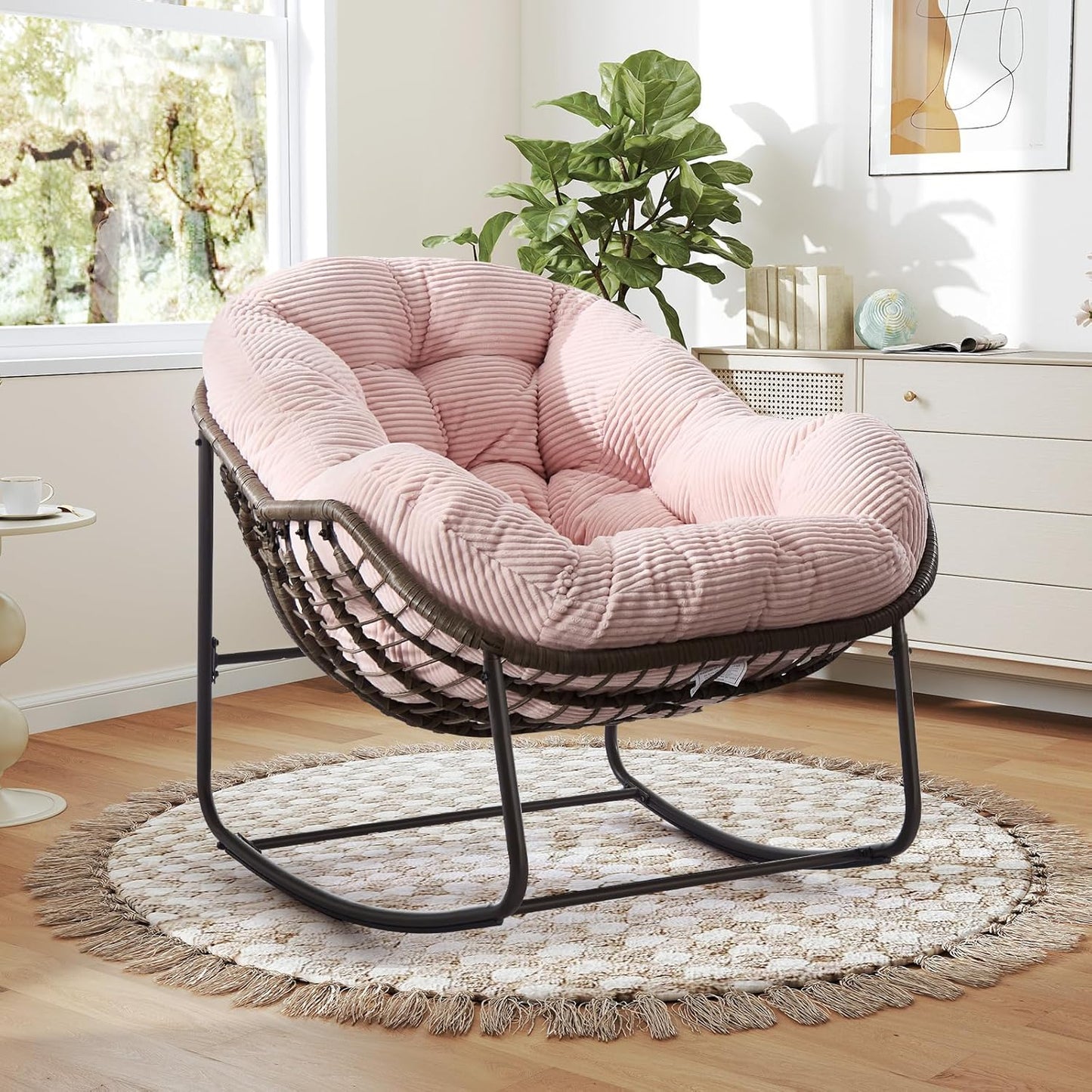 Oversized Rocking Papasan Chair – Extra Thick Cushion, Sturdy Wicker Frame, Indoor/Outdoor Lounge Chair for Porch, Patio & Balcony