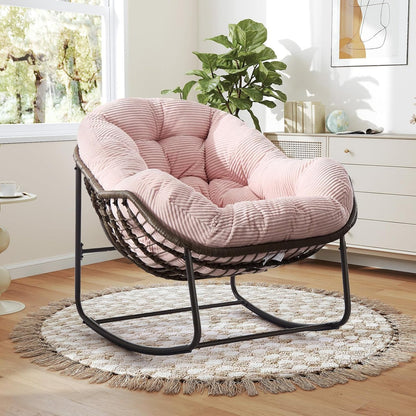 Oversized Rocking Papasan Chair – Extra Thick Cushion, Sturdy Wicker Frame, Indoor/Outdoor Lounge Chair for Porch, Patio & Balcony